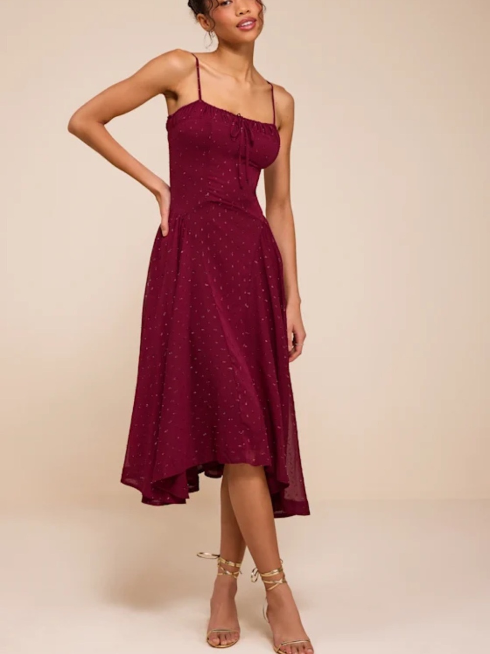 Lulus Arianna Burgundy Clip Dot Lurex Midi Dress Size Large brand new